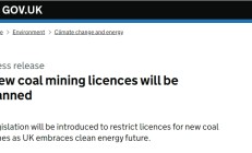 英国政府宣布将通过立法 禁止新的煤矿开采项目