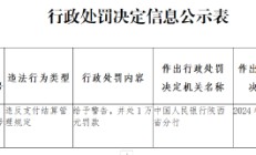 凤翔中银富登村镇银行被罚1万元：违反支付结算管理规定