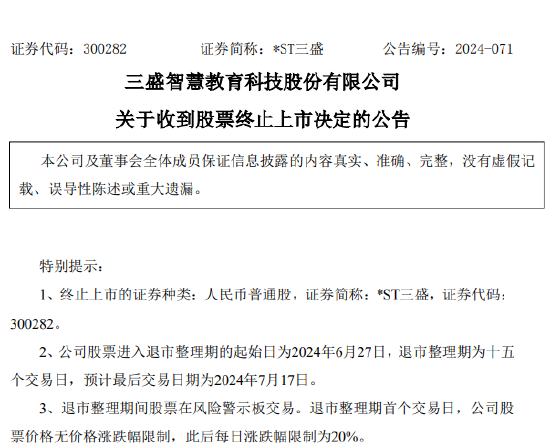 未在法定期限内披露2023年年度报告 *ST三盛被终止上市